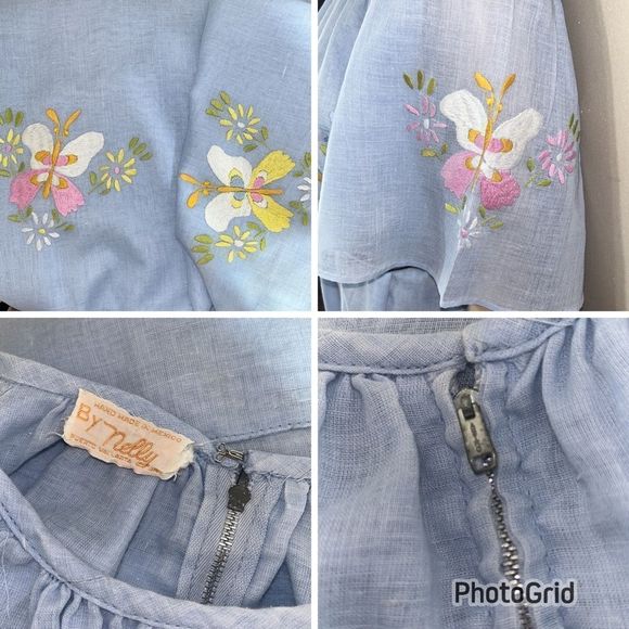 Vintage 40s 50s blue handcrafted embroidered linen Mexican shift dress mod sz XL - Picture 3 of 12